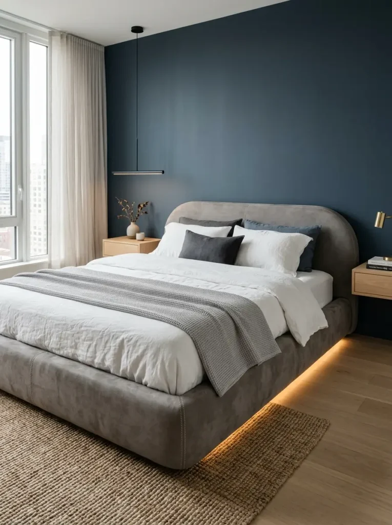 Floating Upholstered Platform Bed Gray upholstered platform bed with warm yellow lighting glowing underneath the base
