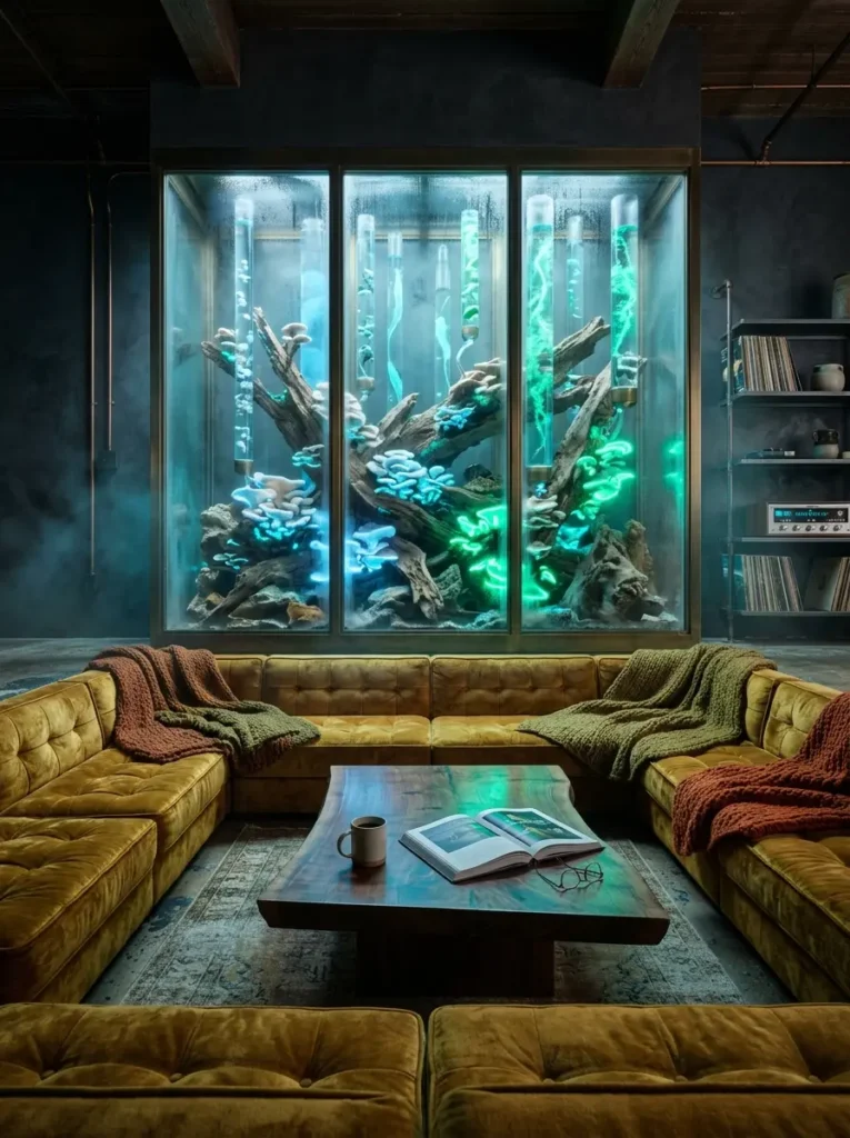 Large glowing glass terrarium with bioluminescent fungi lighting for dark apartments.