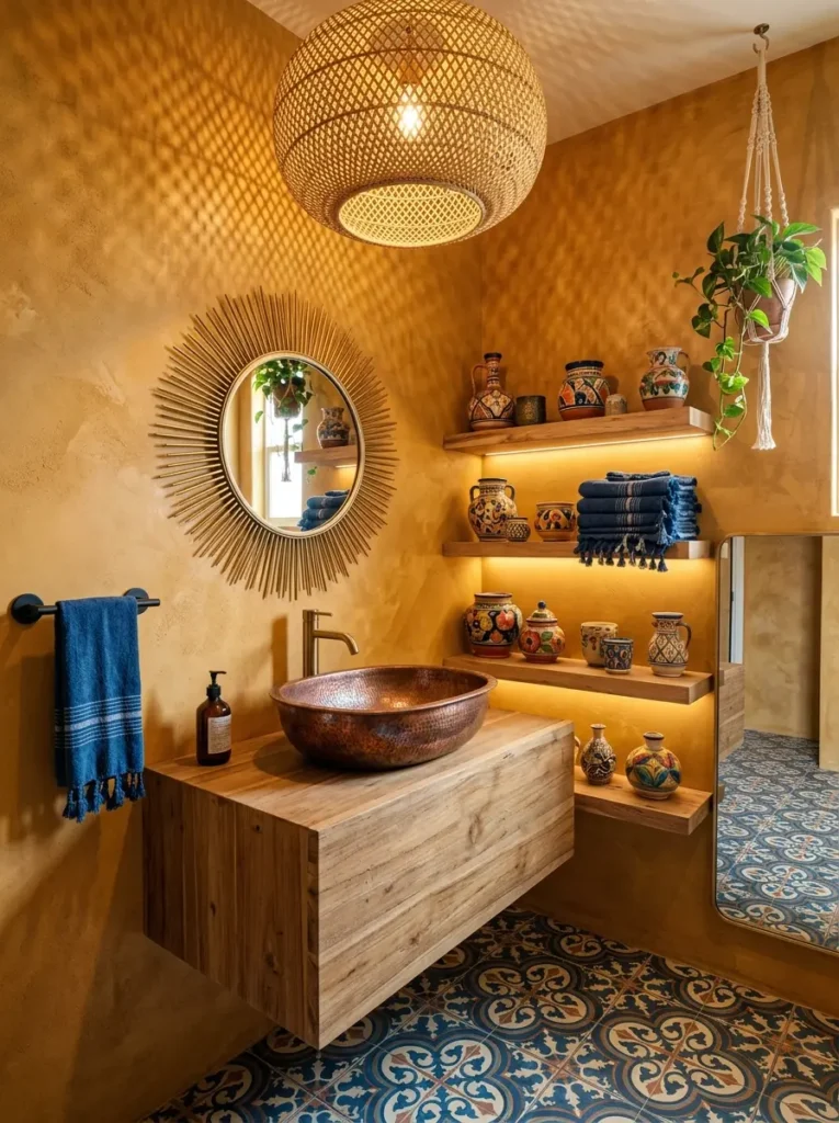 Mustard Yellow Bathroom Palette Golden yellow bathroom with patterned floor and copper sink