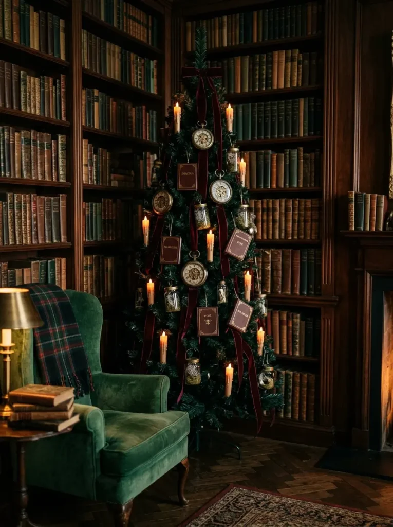 Green Christmas tree decorated with miniature books antique pocket watches and glowing candle replicas