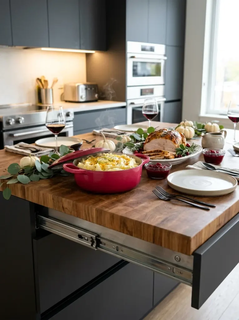 Wooden butcher block extension pulled out from a kitchen island holding a pink pot of potatoes