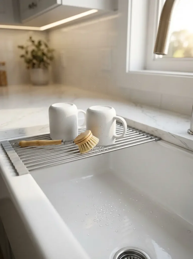 Metal bars span across a white sink holding two upside down ceramic mugs and a bamboo brush.