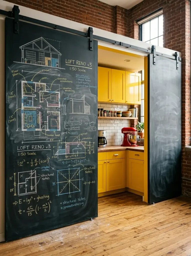 A large black sliding chalkboard door covered in architectural drawings, pushed aside to show a bright yellow kitchen.