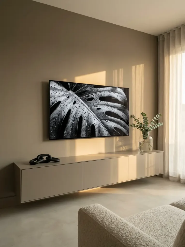 Monochromatic beige floating unit blends into the wall for a seamless small living room tv wall.