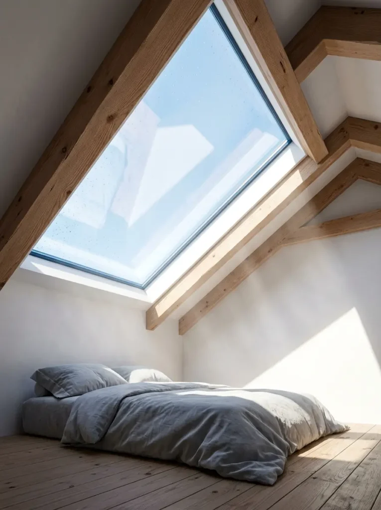 Huge glass skylight window installed in a slanted wooden beam ceiling above a low profile bed bringing natural light into an attic.