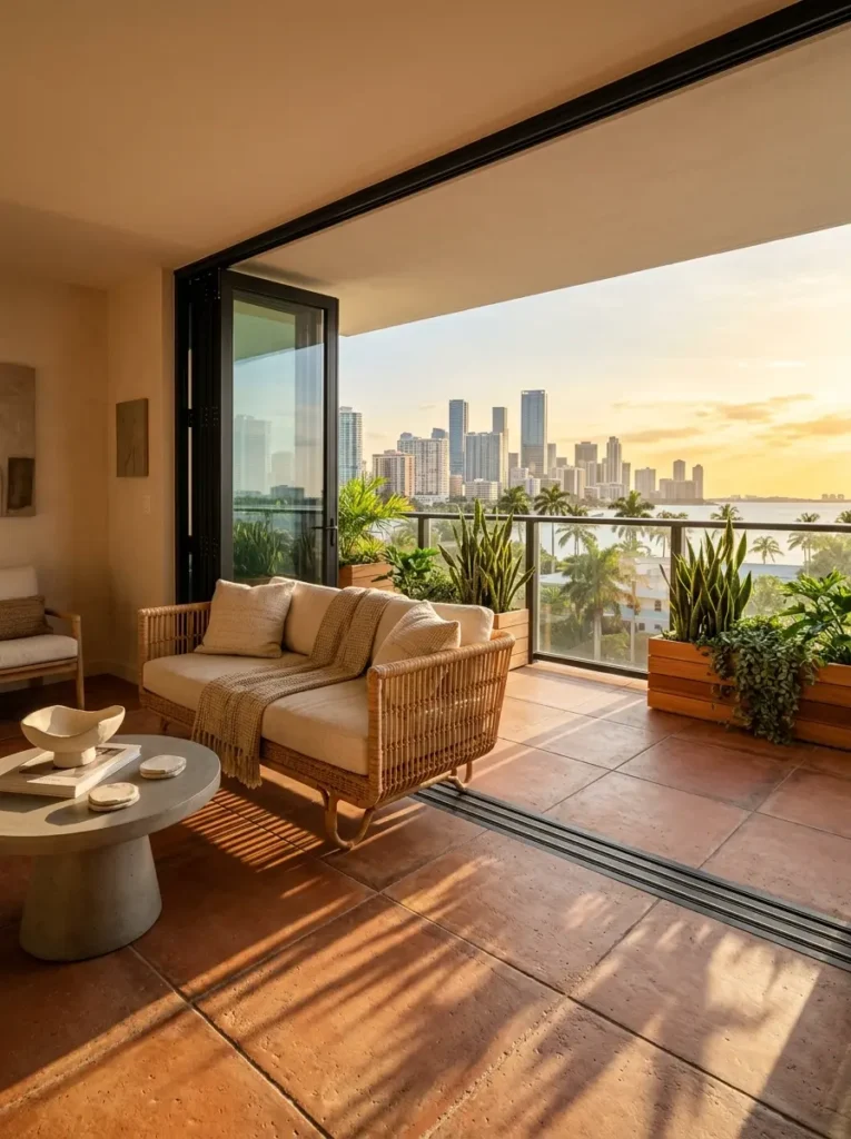 Small living room opening seamlessly onto a balcony with continuous terracotta tiles and folding black glass doors.