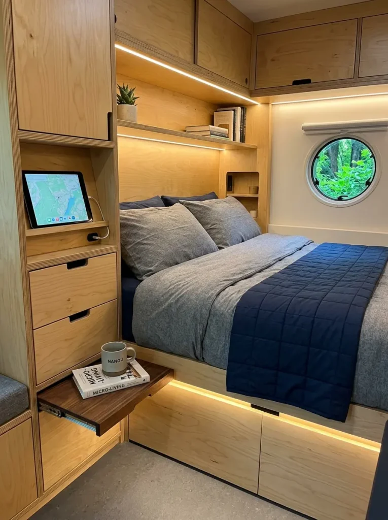 Light plywood built in storage bed showing drawers and shelves for maximum space saving organization in tiny rooms