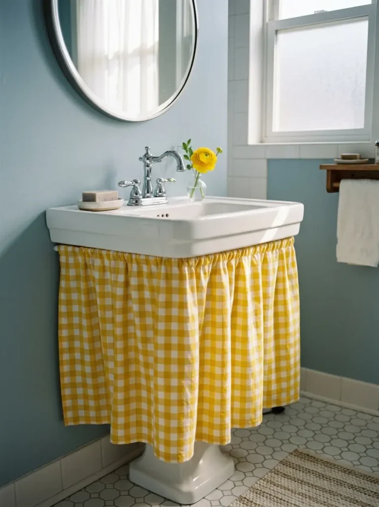 Checkered skirts cover the space under a white pedestal sink.