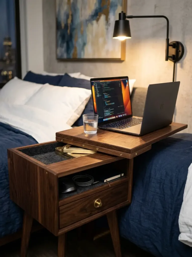 Wooden nightstand with a rotating top panel over a bed.