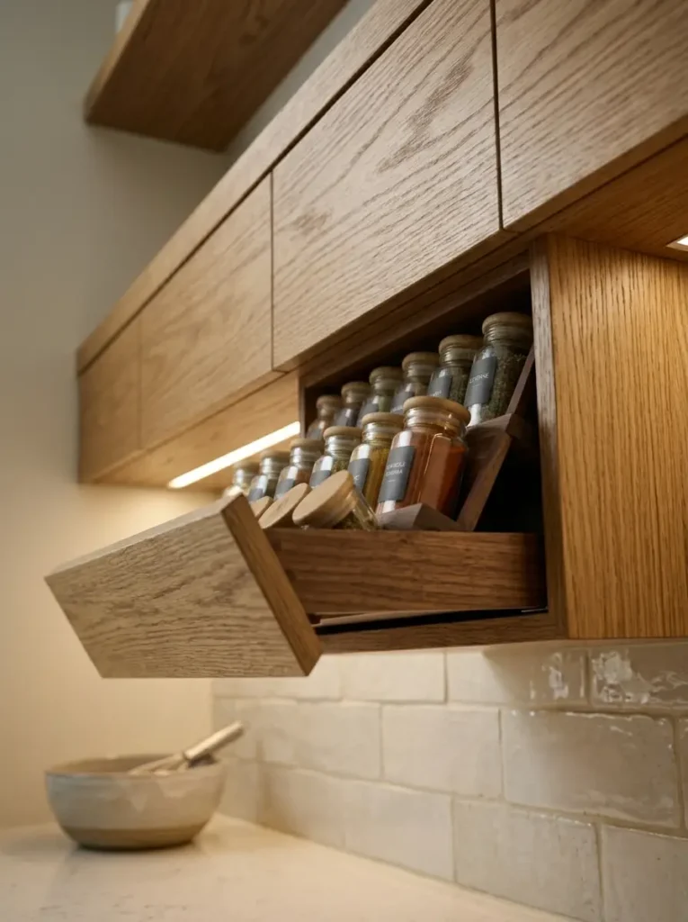 Angled wooden drawer lowered from upper kitchen cabinets containing rows of glass spice jars.
