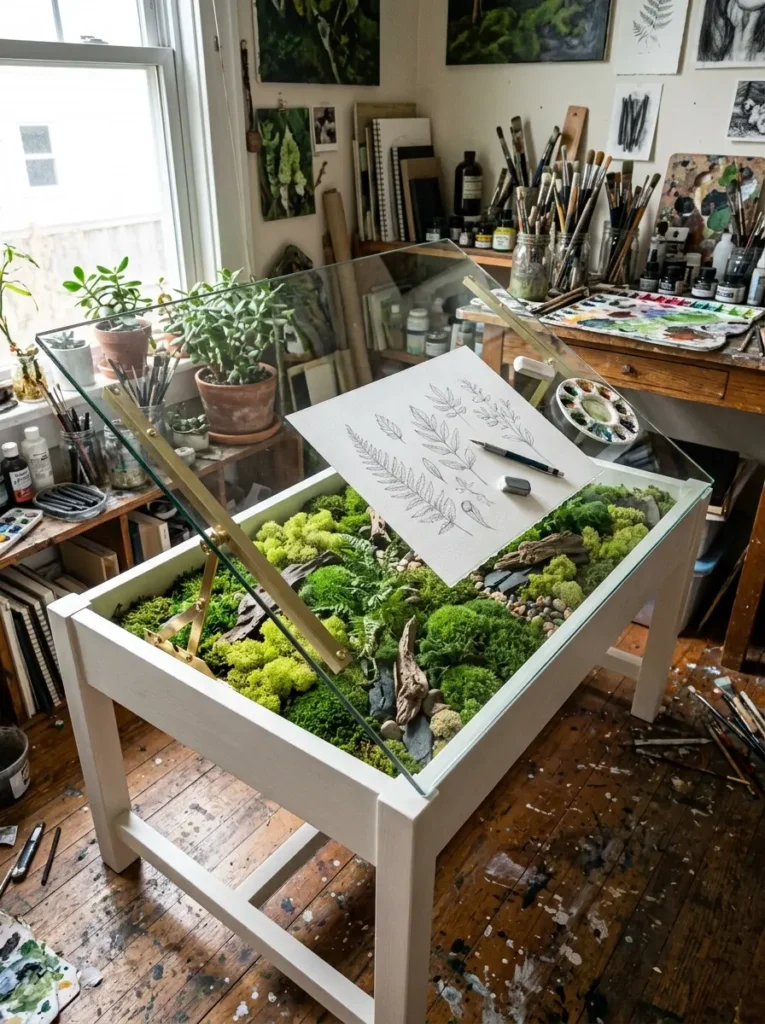Botanical Drafting Glass Table White wooden table filled with a living moss terrarium covered by an angled glass drafting lid.