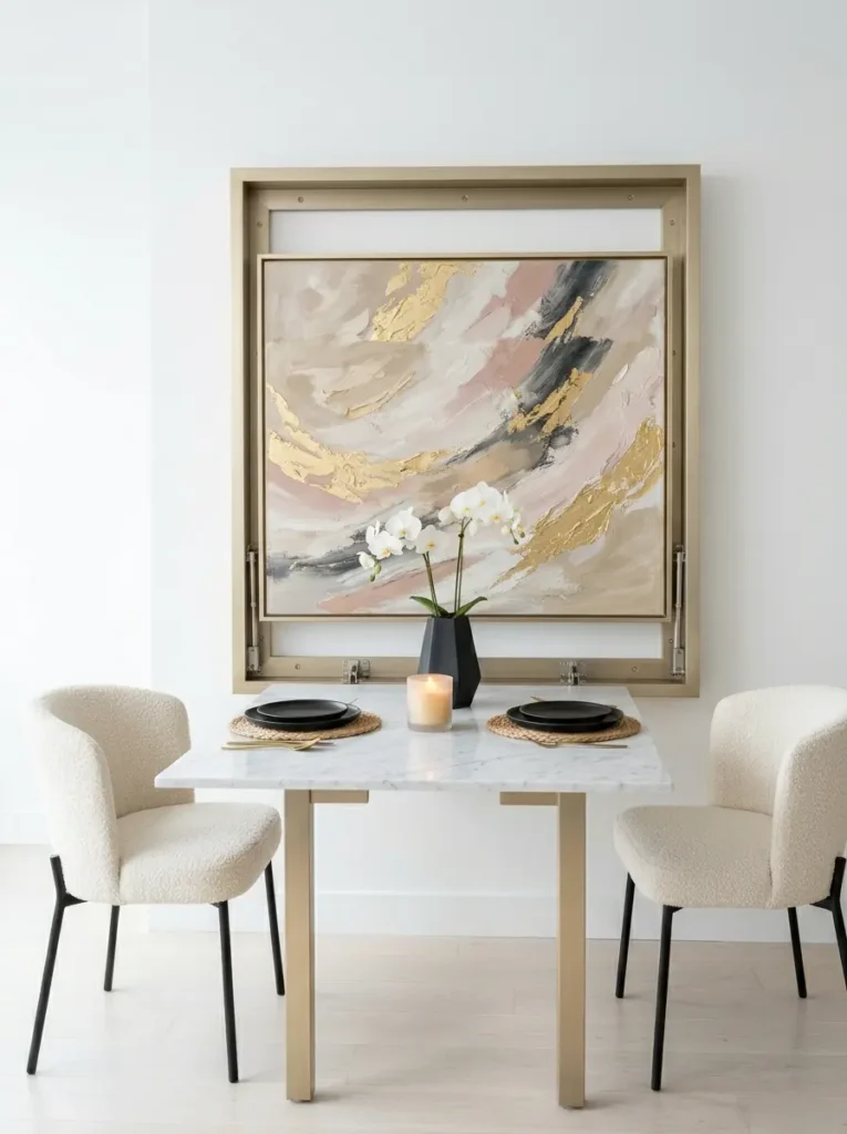 Abstract Artwork Fold Down Marble Surface Framed abstract painting folded down into a marble space saving dining table with fuzzy white chairs