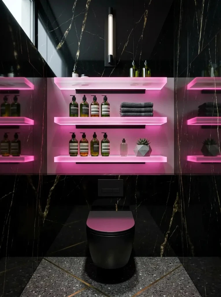 Three glowing pink glass shelves holding amber bottles against black marble walls
