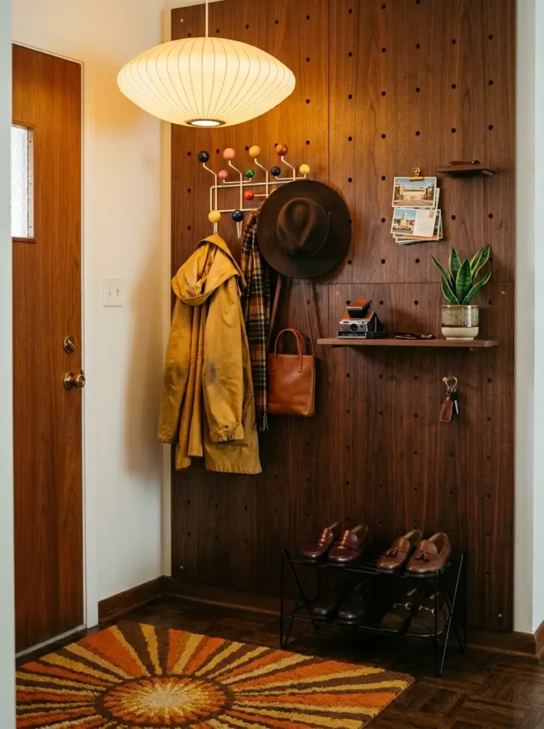 Dark walnut pegboard wall organizes coats and hats using colorful round knobs next to a vintage camera.
