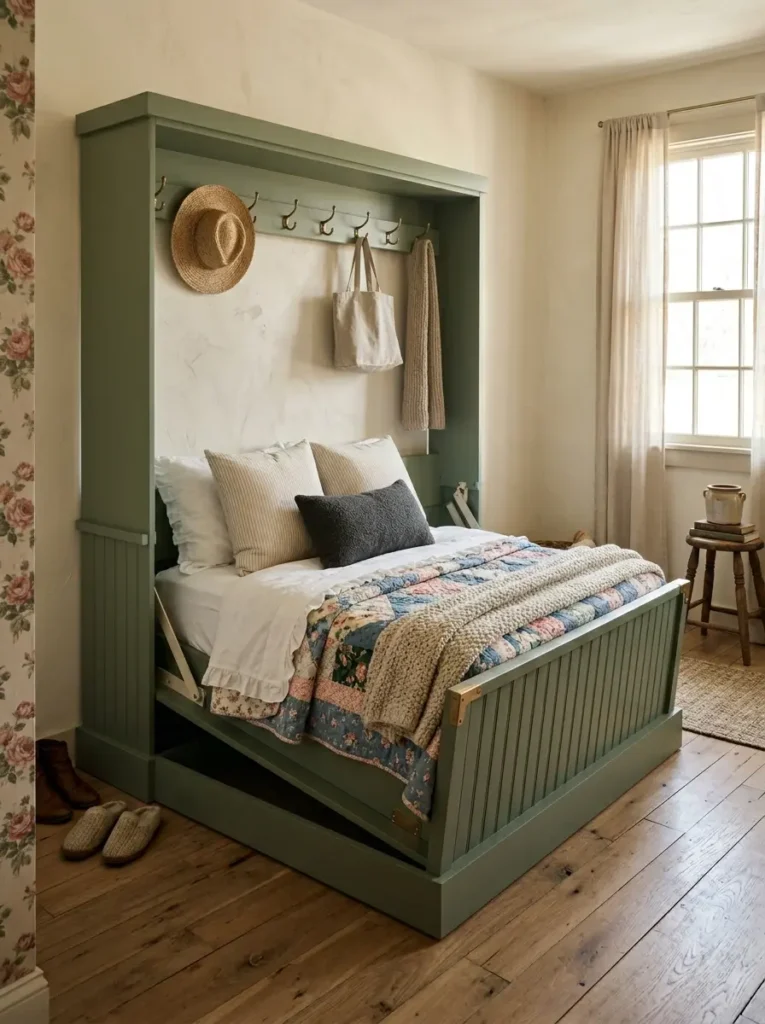 Sage Green Beadboard Cabinet Bed Sage green beadboard cabinet folded out into an affordable murphy bed with vintage patchwork quilts.