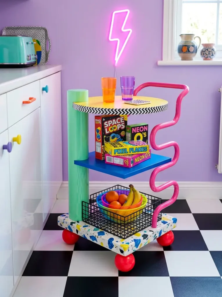 Brightly colored eighties style kitchen cart with wavy pink handle