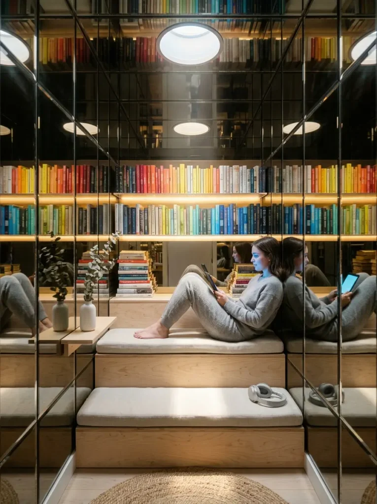 Mirrored Ceiling Nook Woman reading a tablet in a mirrored nook surrounded by color coordinated books.