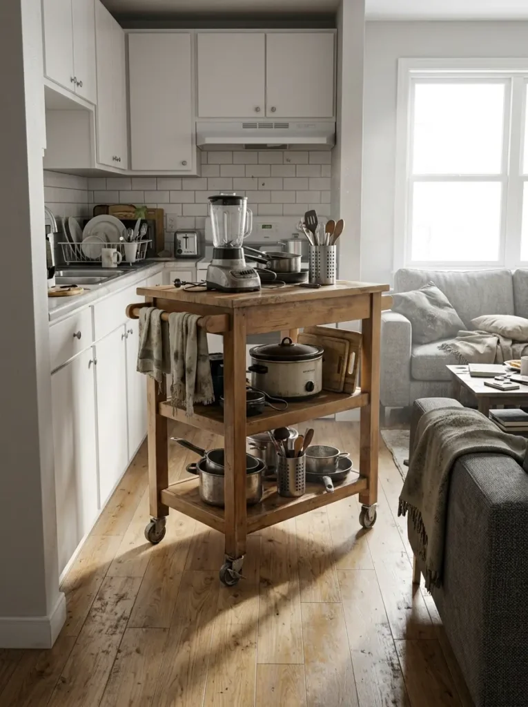Open wooden kitchen utility cart piled high with slow cookers blenders and messy utensils near a living room sofa