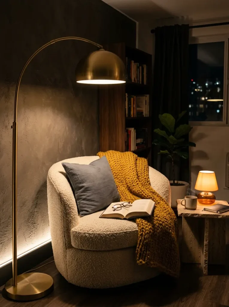 A brass floor lamp shines warm light over a fuzzy chair holding a yellow knitted blanket.