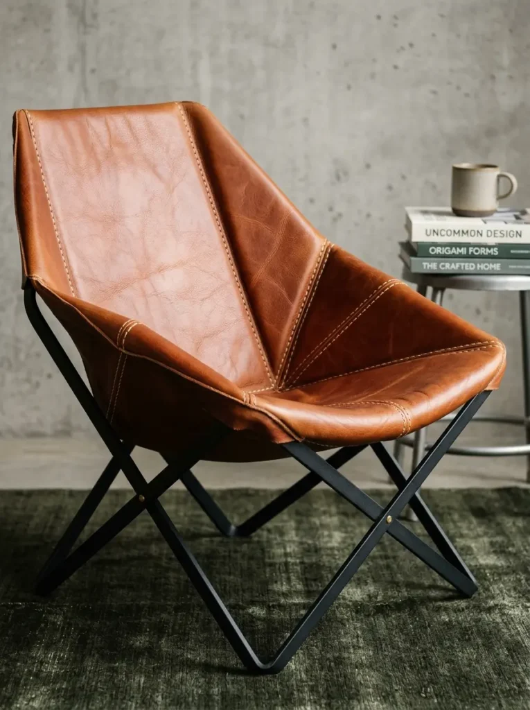 Folded Leather Accent Chair Angular brown leather accent chair with a thin black metal frame on a green rug