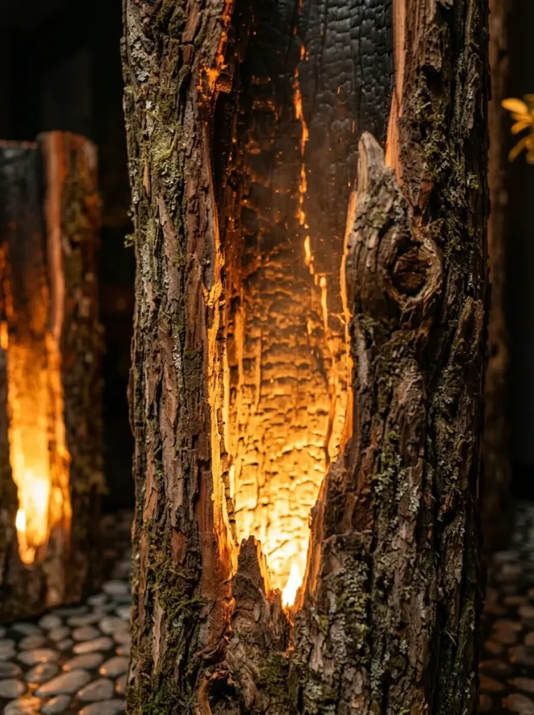 Hollowed wooden tree trunks with hidden warm lighting for dark apartments.
