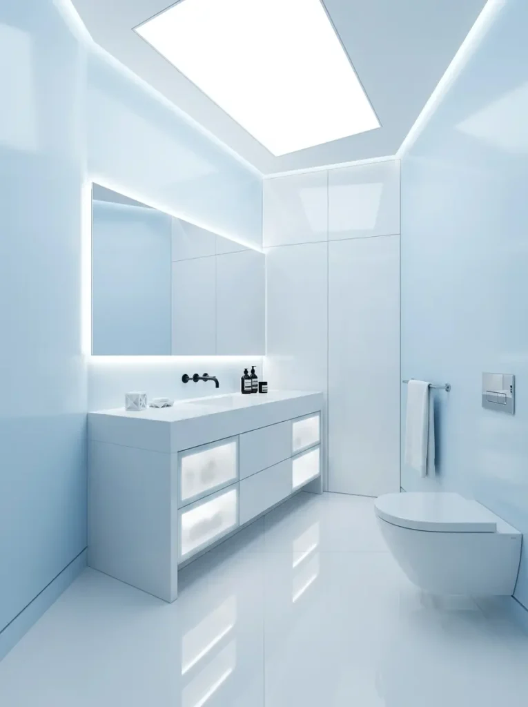 Icy Blue Modern Bathroom Pale icy blue bathroom with glowing vanity and bright ceiling