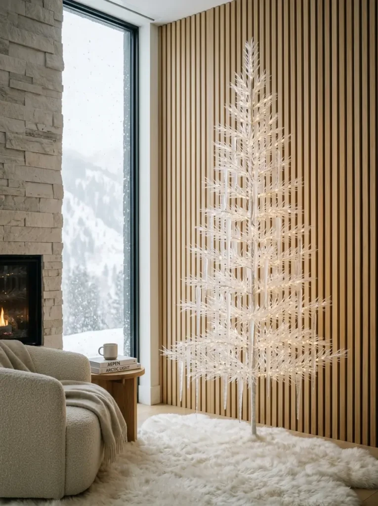 Sharp white minimal tree with clear glass icicles standing on a fluffy white rug near a snowy window