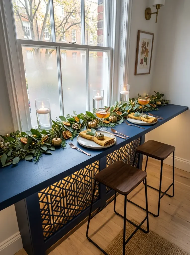 Navy blue window sill extension acting as a dining bar with two wooden stools and greenery