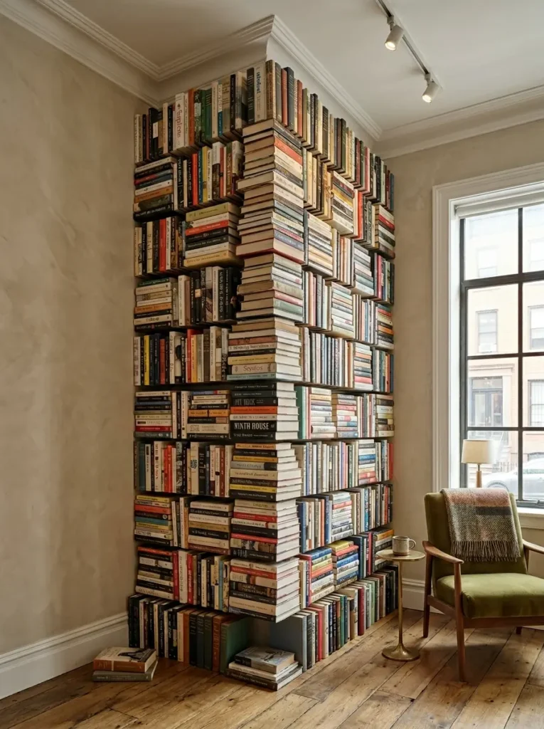 Hundreds of colorful books stack vertically from floor to ceiling in a tight room corner.