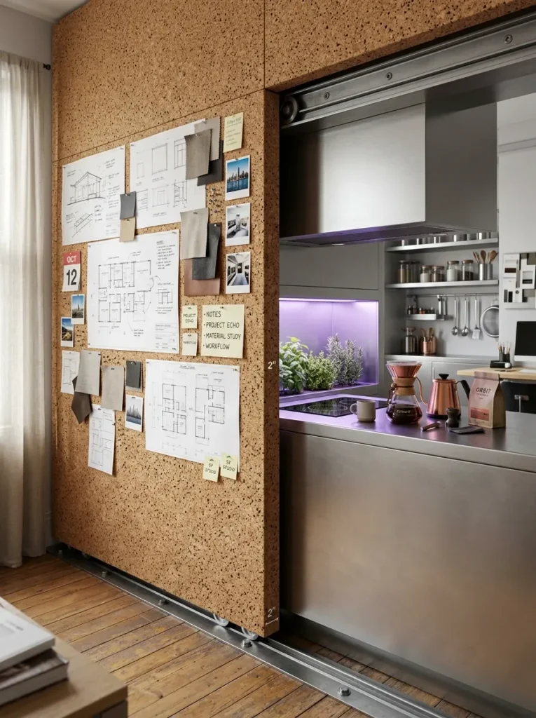 A massive sliding wall made of natural cork, pinned with notes, revealing a stainless steel kitchen with purple grow lights behind it.