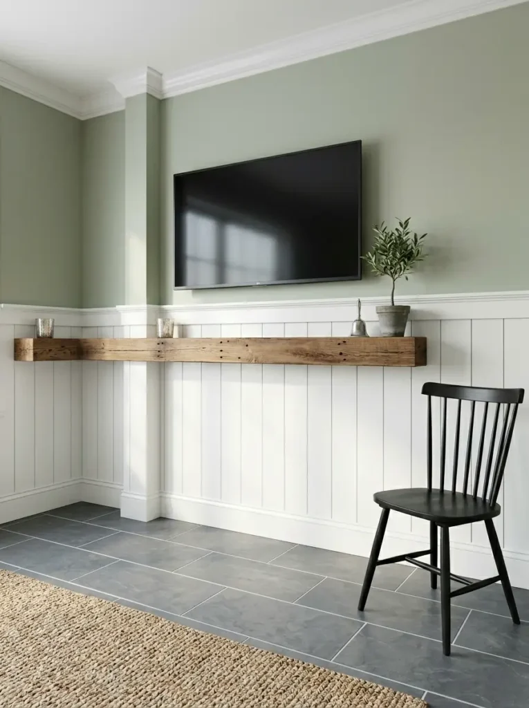 Rustic corner beam shelf under a screen maximizes space for a small living room tv wall.