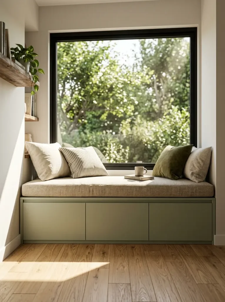Cozy cushioned window seat bench spanning a large glass pane with green storage drawers built directly underneath it.