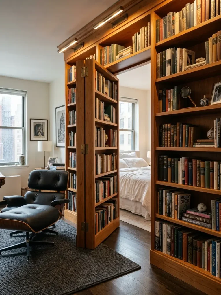 Floor to ceiling wooden bookshelf acting as a swinging secret door revealing a bright white bedroom.