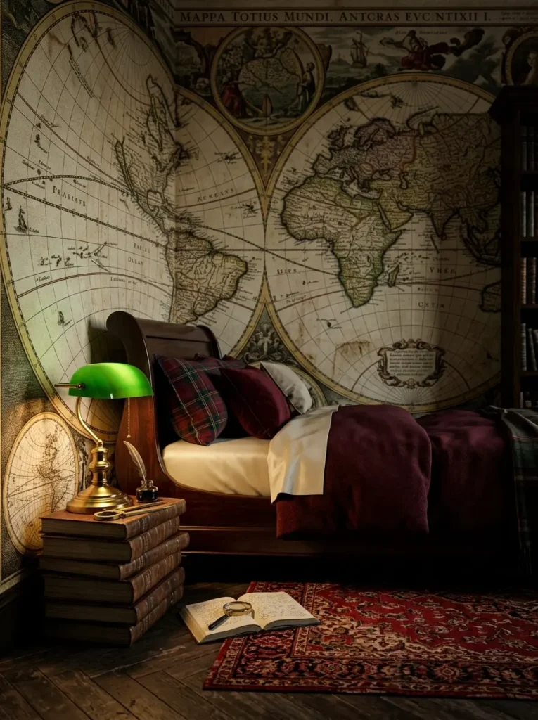 Dark academia style bedroom completely covered in vintage map wallpaper featuring a dark wooden sleigh bed and burgundy blankets