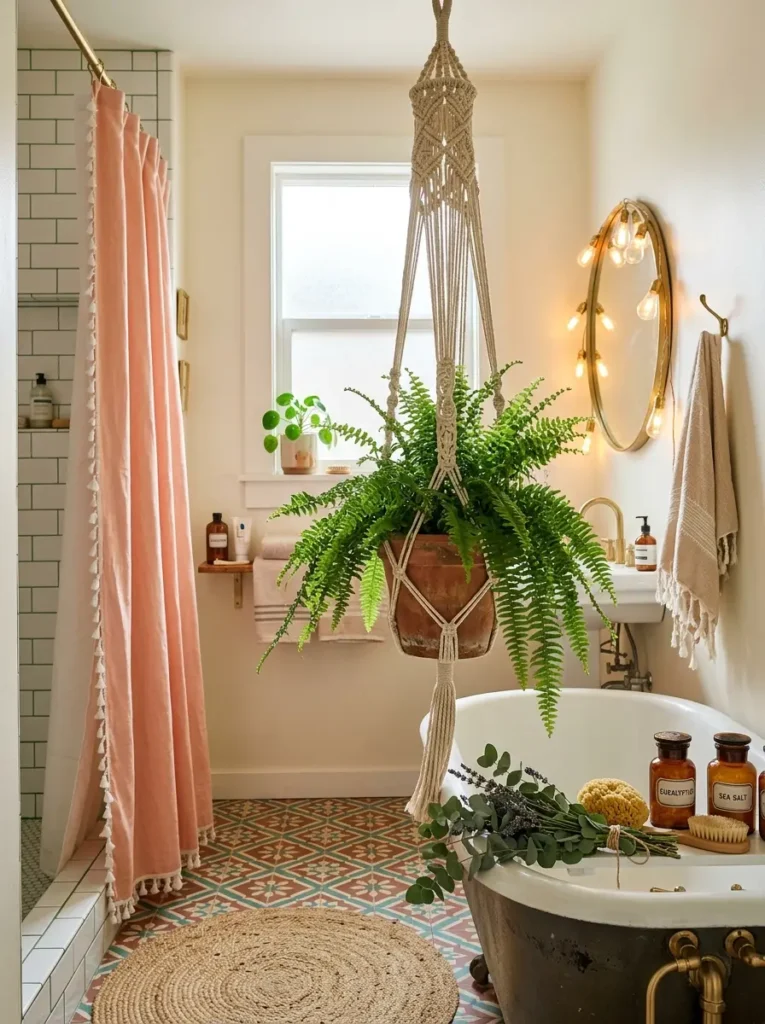 Large Boston ferns hang from a macrame planter above a clawfoot tub.