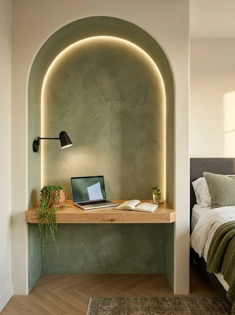 Arched green alcove with a floating wooden desk and light.