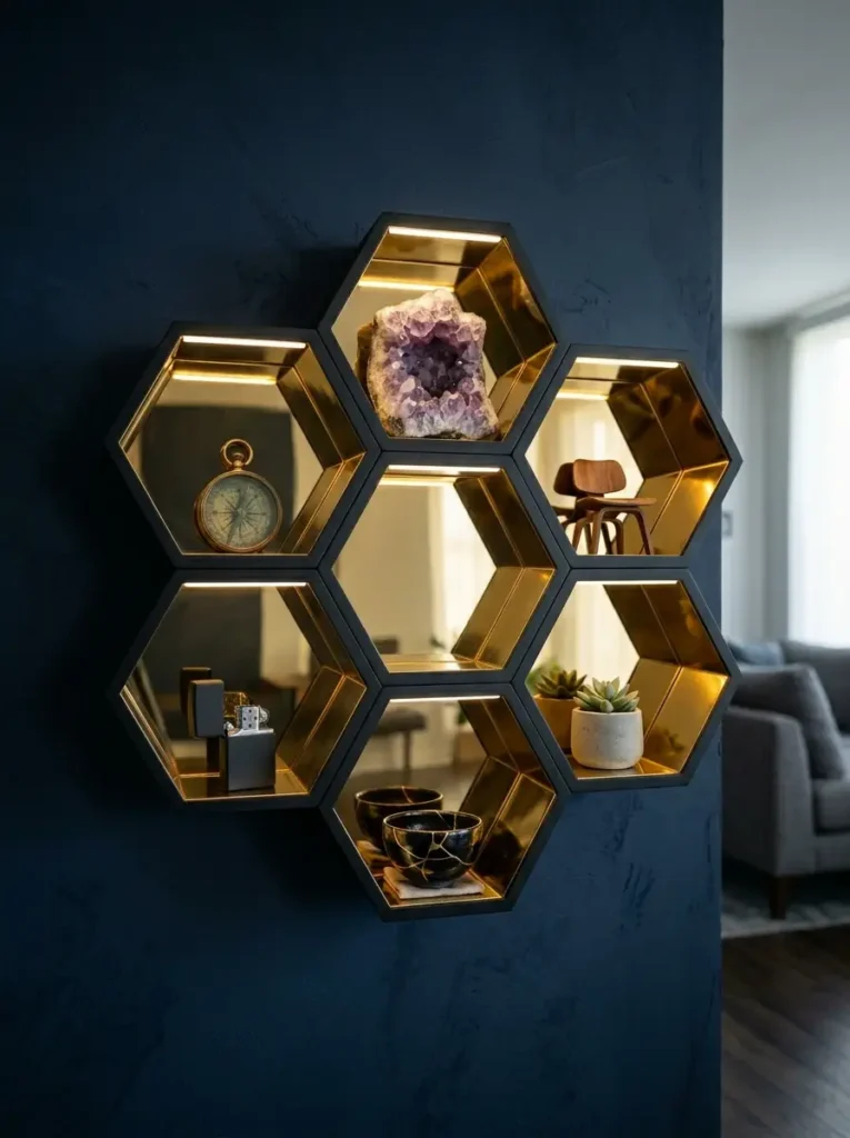 Six black hexagon shelves with gold mirrored backing holding small plants and a large geode.