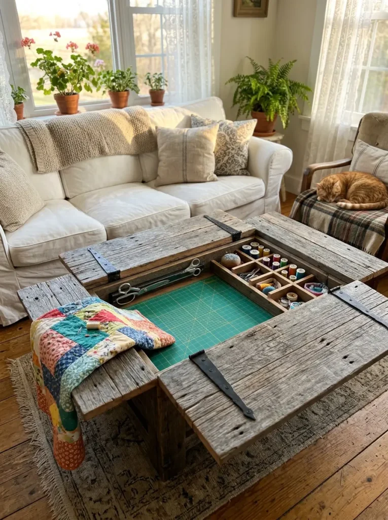 Rustic Sewing Craft Table Reclaimed wood table opened to reveal a hidden sewing station and crafting supplies.