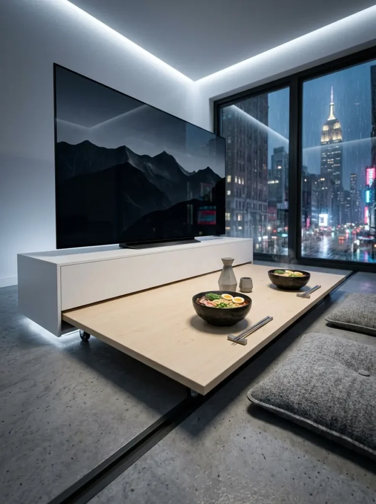 Hidden Television Console Slide Out Platform Light wooden slide out space saving dining table extending from a white television console