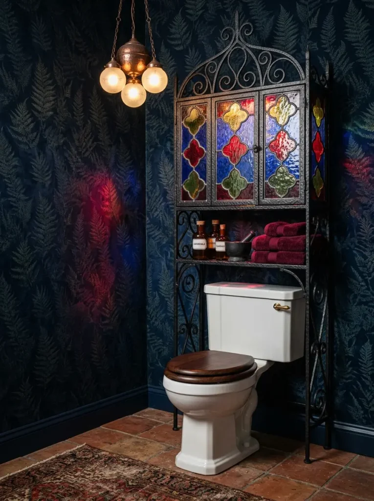  Black wrought iron rack with colorful stained glass cabinet doors over a traditional toilet