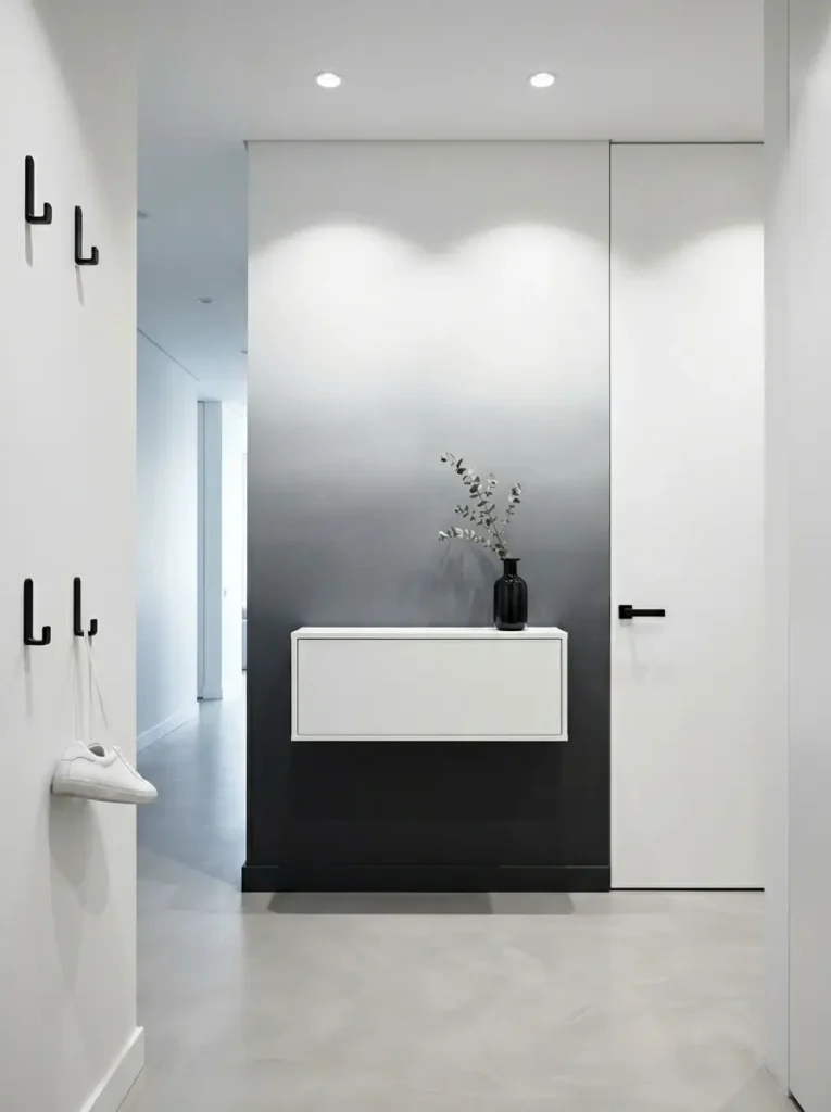 Gradient paint fades from white to charcoal grey behind a sleek white floating cabinet holding eucalyptus branches.