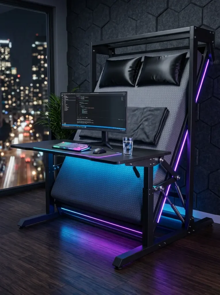 Neon Lit Gamer Desk Bed Futuristic black metal gamer desk setup that folds out into an affordable murphy bed with neon LED lighting.
