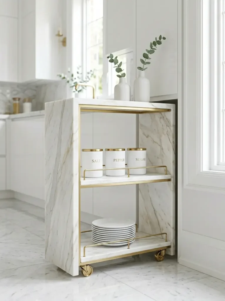 Luxury marble slab cart with gold metal rails and brass casters