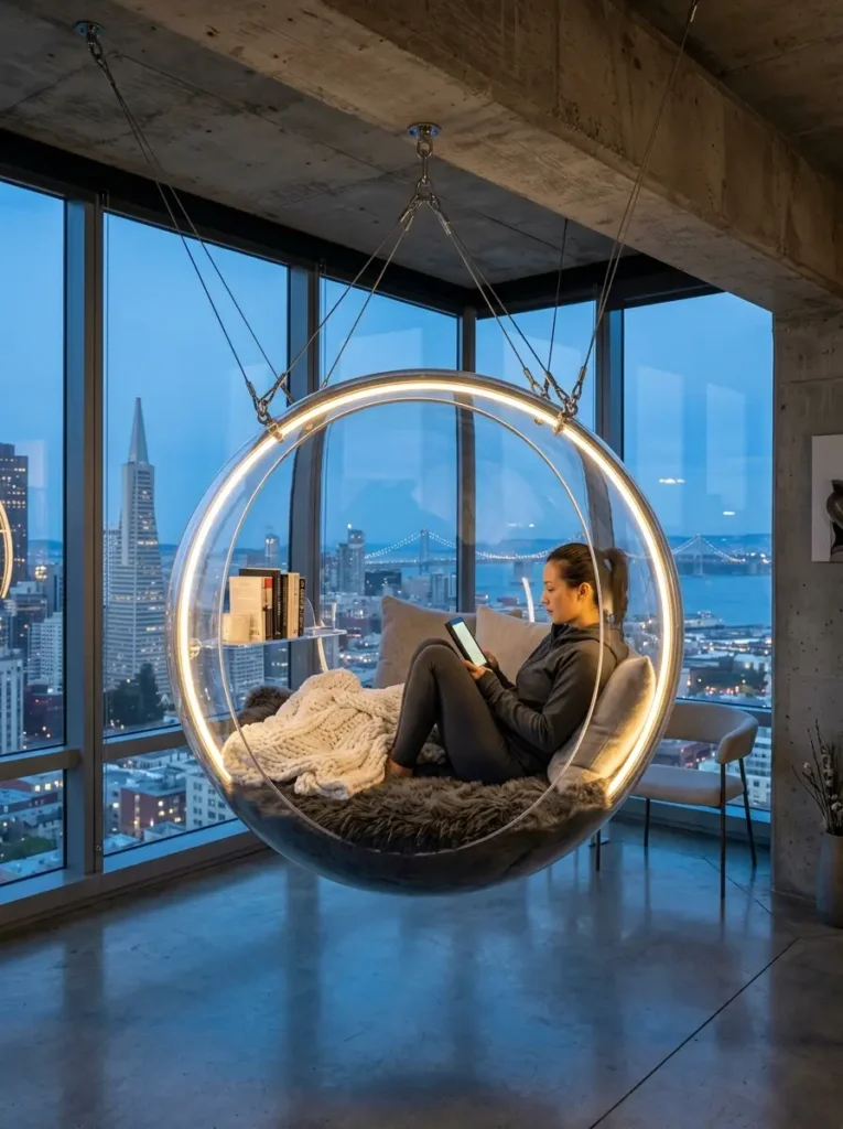 Hanging Acrylic Bubble Woman reading inside a clear acrylic hanging chair with a city view.