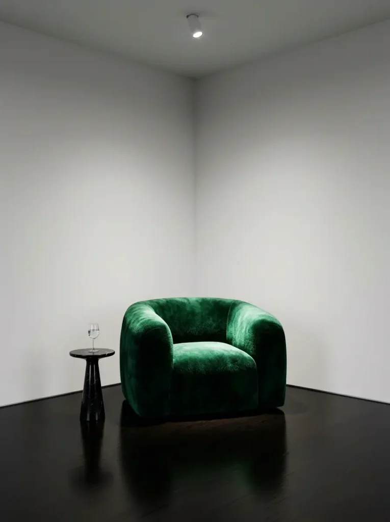 Emerald Green Velvet Armchair Single bright emerald green velvet armchair sitting in a blank white corner with a tiny black table.