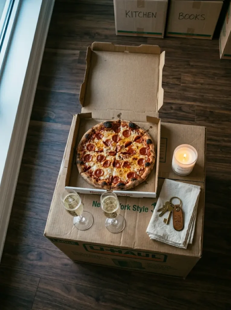 Fresh pizza and champagne flutes rest directly on stacked cardboard shipping containers.
