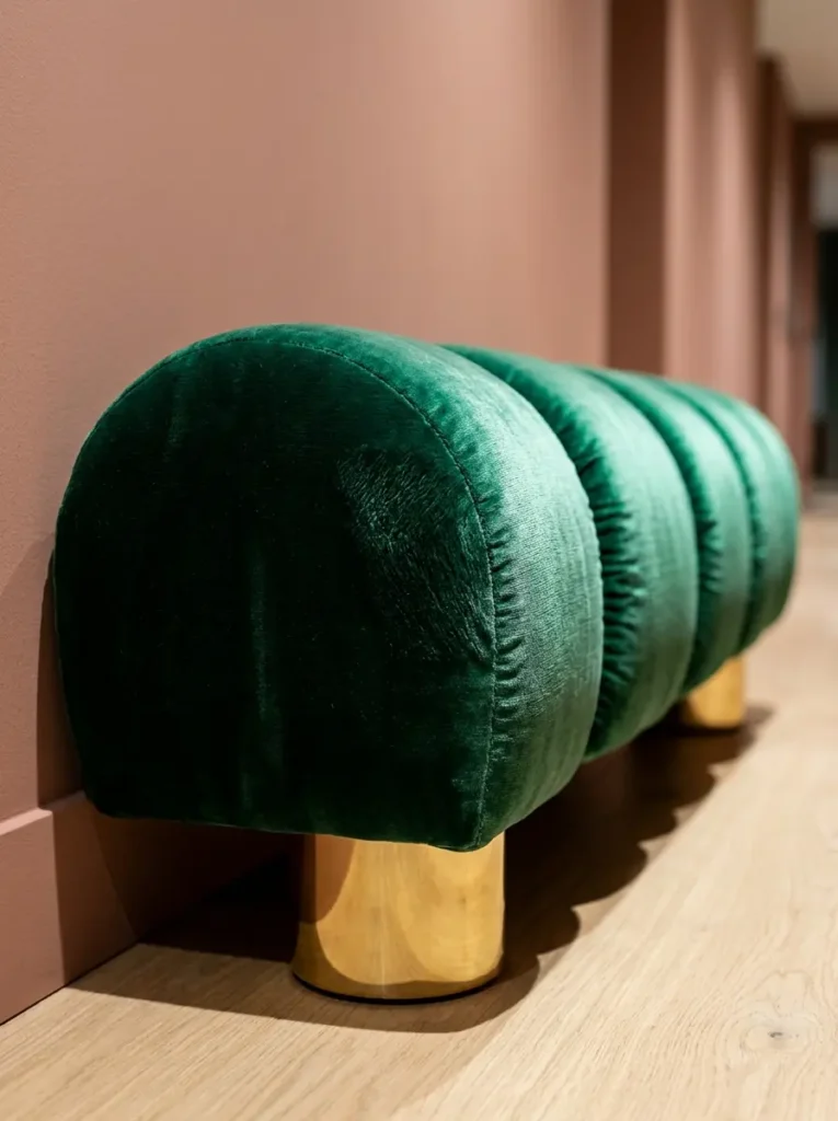 Green Velvet Bolster Bench Emerald green velvet tufted bench sitting on short brass legs against a pink wall