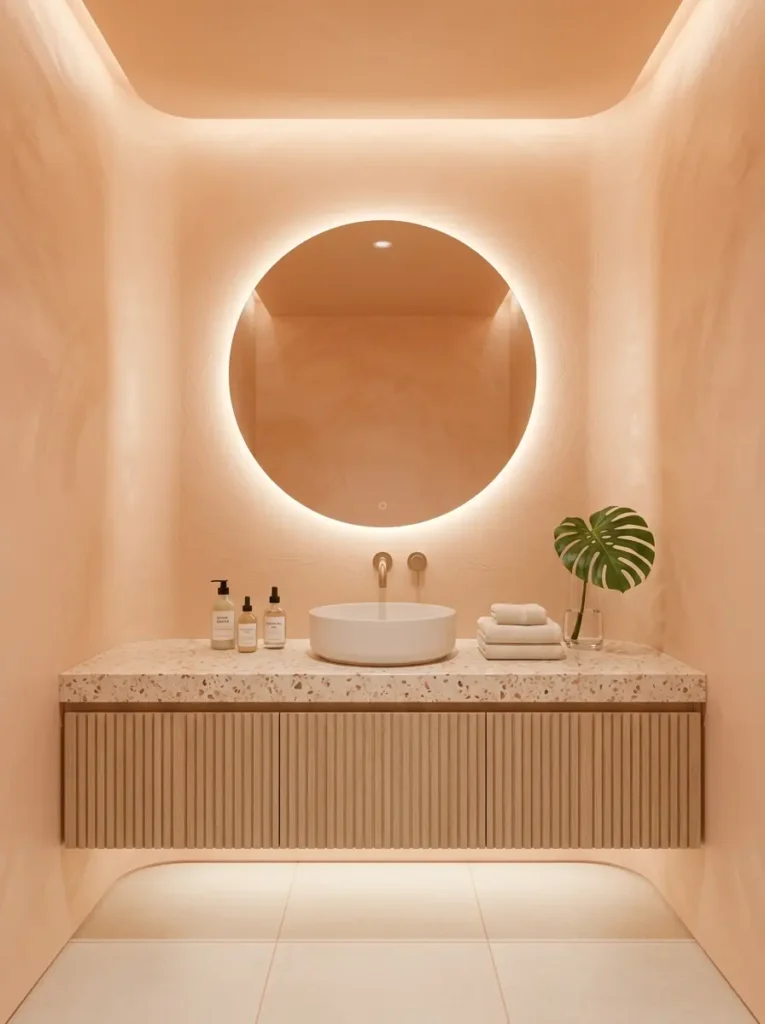 Soft Peach Bathroom Walls Peach plaster bathroom with round mirror and terrazzo counter