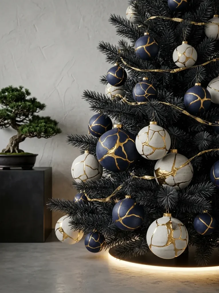 Dark charcoal tree featuring navy and white ceramic baubles with metallic gold cracks
