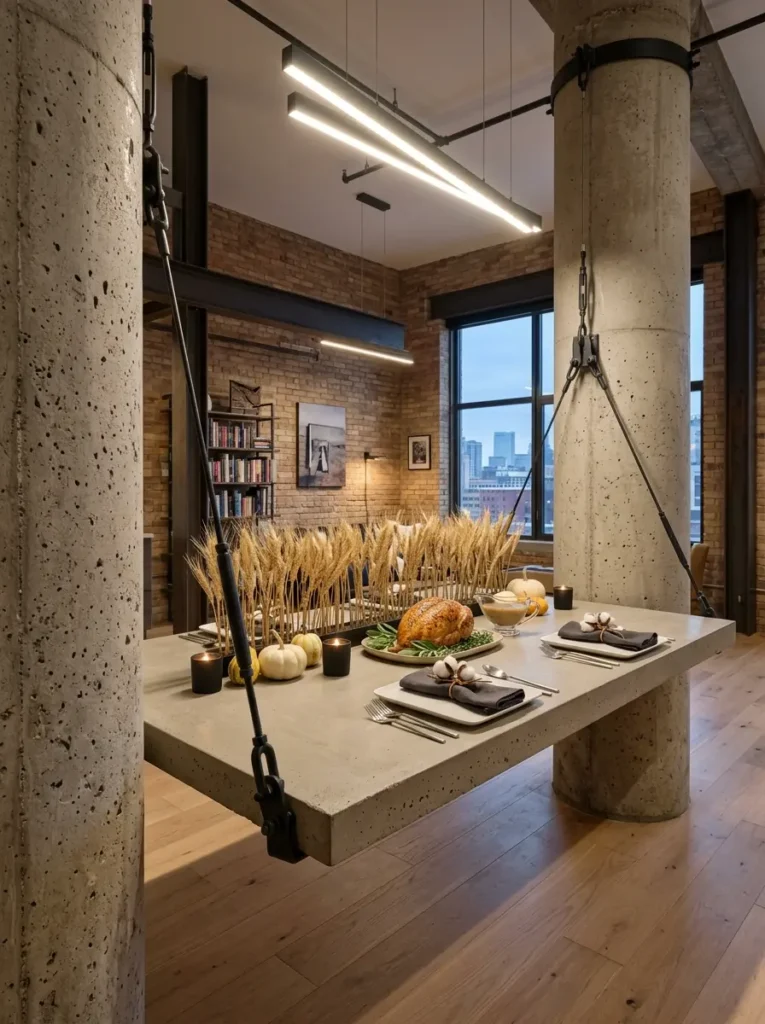 Concrete dining table suspended from the ceiling by metal cables and pulleys holding dried wheat